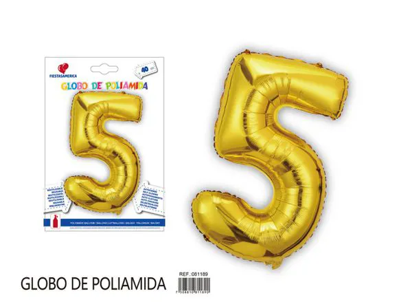 Globo metálico de número de 16 pulgadas, color dorado, número 5