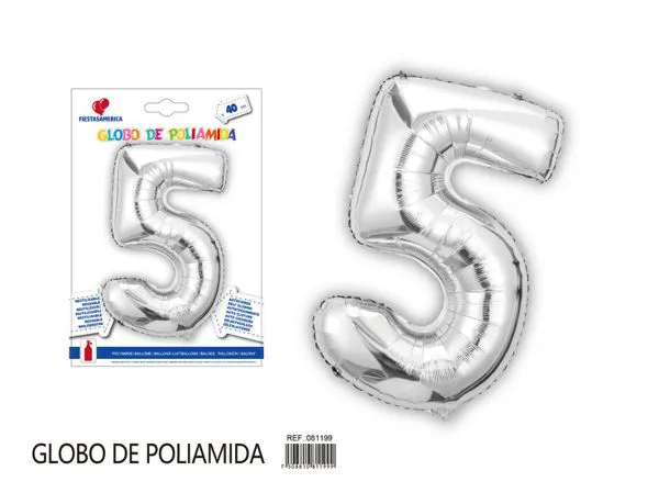 Globo metálico de número de 16 pulgadas, color plateado, número 5