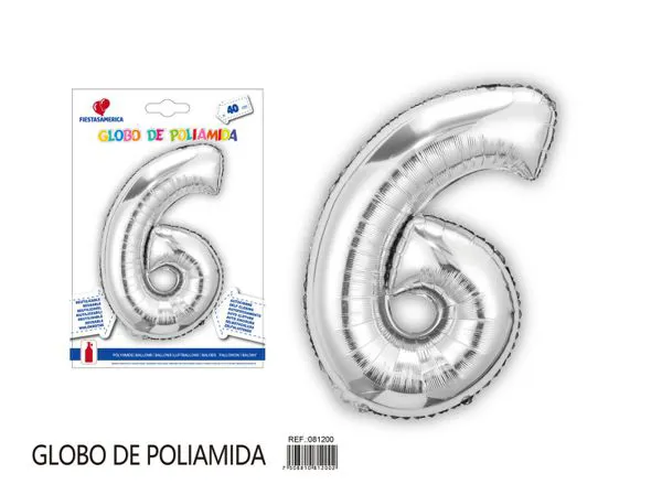 Globo metálico de número de 16 pulgadas, color plateado, número 6