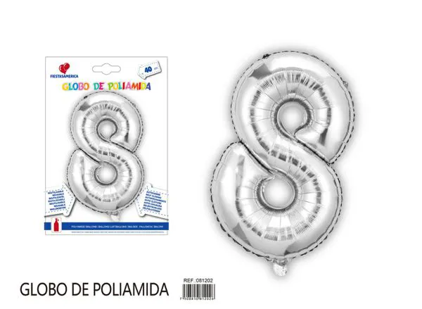 Globo metálico de número de 16 pulgadas, color plateado, número 8