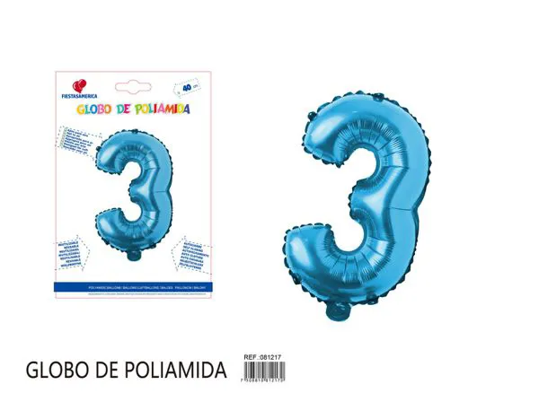Globo metálico de número de 16 pulgadas, color azul, número 3