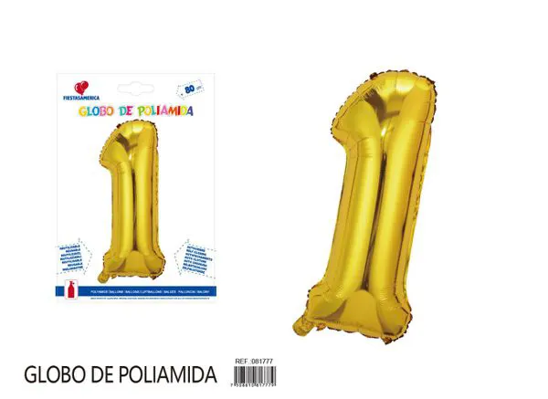 Globo metálico número de 32 pulgadas, color dorado, número 1