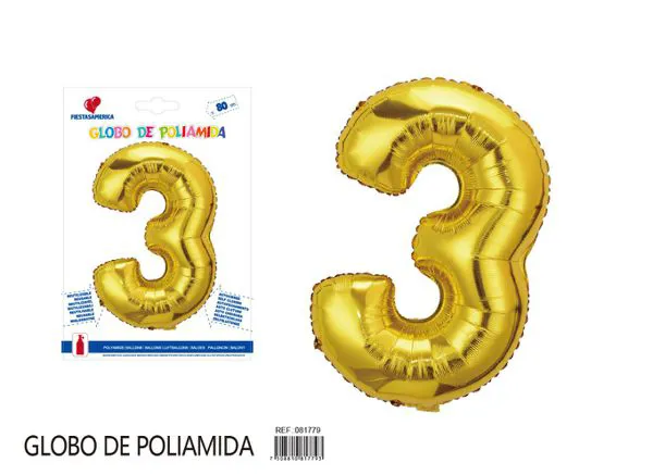 Globo metálico número de 32 pulgadas, color dorado, número 3