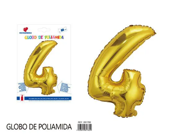 Globo metálico número de 32 pulgadas, color dorado, número 4