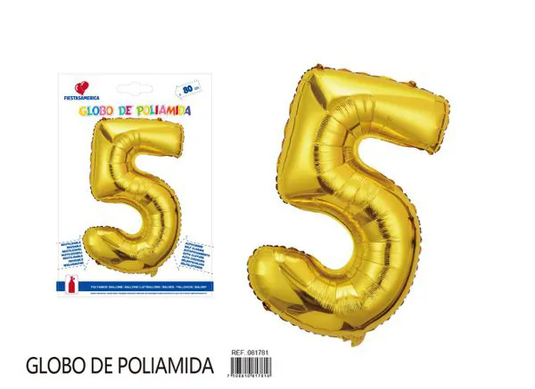 Globo metálico número de 32 pulgadas, color dorado, número 5
