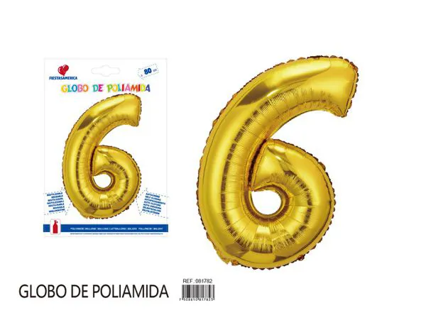 Globo metálico número de 32 pulgadas, color dorado, número 6