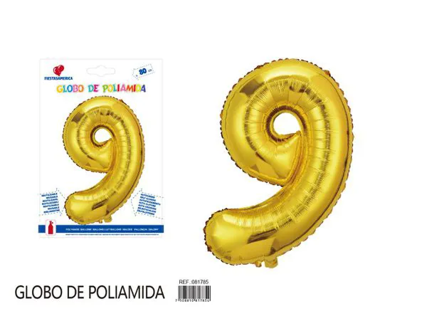Globo metálico número de 32 pulgadas, color dorado, número 9
