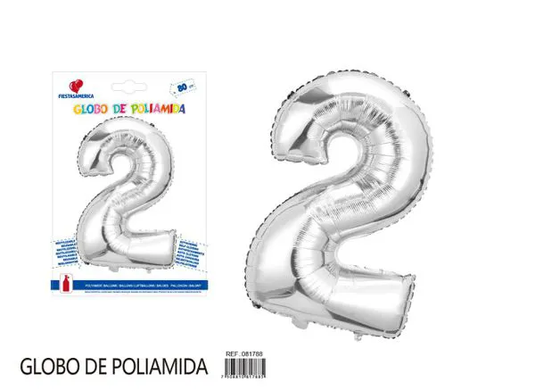 Globo metálico número de 32 pulgadas, color plateado, número 2