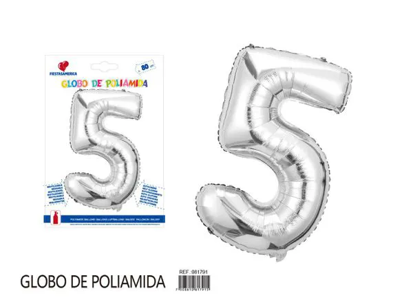 Globo metálico número de 32 pulgadas, color plateado, número 5