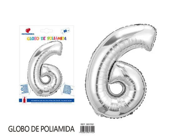 Globo metálico número de 32 pulgadas, color plateado, número 6