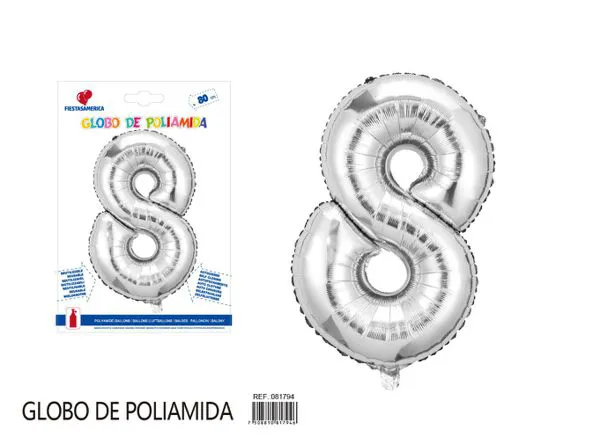 Globo metálico número de 32 pulgadas, color plateado, número 8
