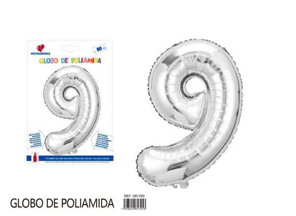 Globo metálico número de 32 pulgadas, color plateado, número 9