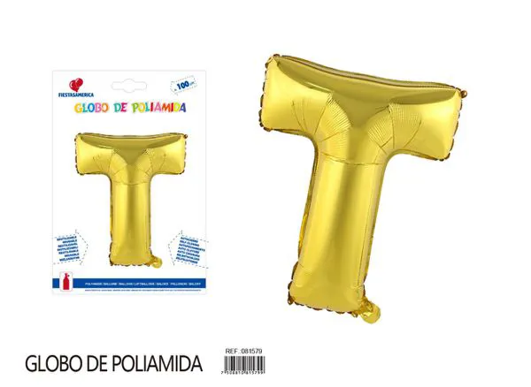 Globo metálico letra de 40 pulgadas, cuerpo grueso, color dorado, letra T