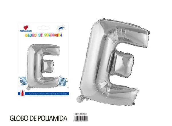 Globo metálico letra de 40 pulgadas, cuerpo grueso, color plateado, letra E