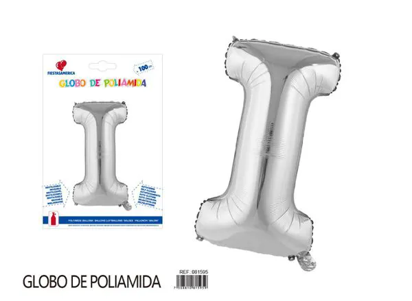 Globo metálico letra de 40 pulgadas, cuerpo grueso, color plateado, letra I
