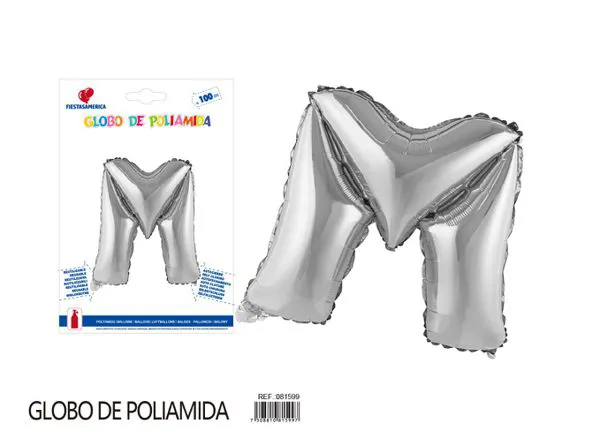 Globo metálico letra de 40 pulgadas, cuerpo grueso, color plateado, letra M