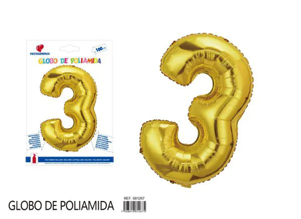 Globo metálico número 3 de 40 pulgadas, color dorado