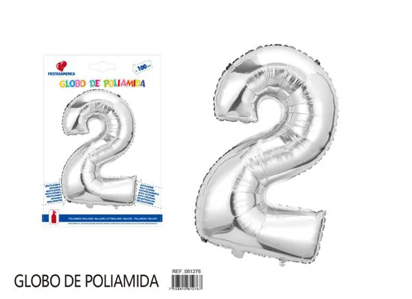 Globo metálico número 2 de 40 pulgadas, color plateado