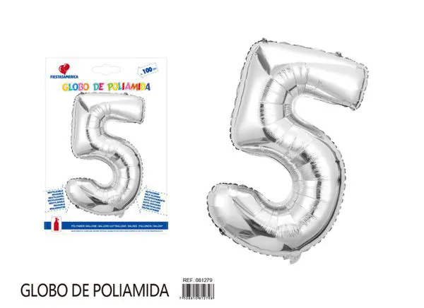Globo metálico número 5 de 40 pulgadas, color plateado