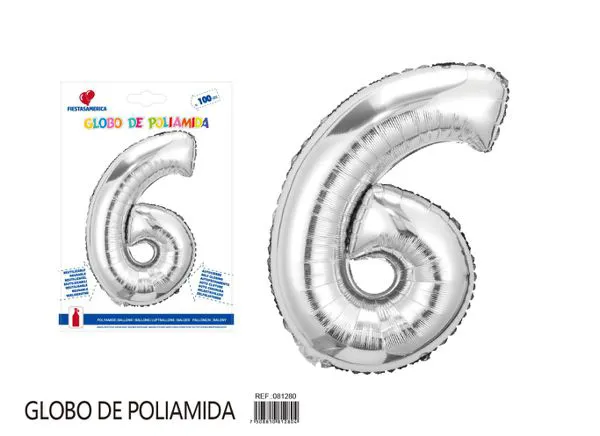 Globo metálico número 6 de 40 pulgadas, color plateado