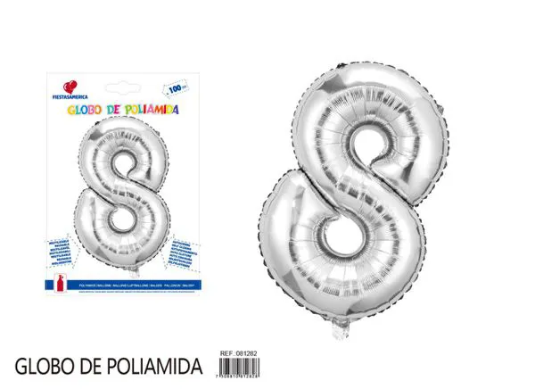Globo metálico número 8 de 40 pulgadas, color plateado