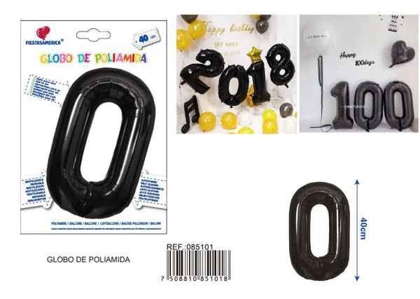 Globo metálico número 0 de 16 pulgadas, color negro, estilo americano