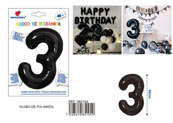Globo metálico número 3 de 16 pulgadas, color negro, estilo americano