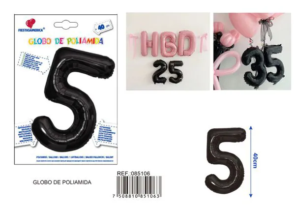 Globo metálico número 5 de 16 pulgadas, color negro, estilo americano