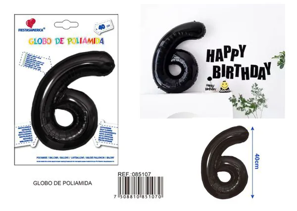 Globo metálico número 6 de 16 pulgadas, color negro, estilo americano