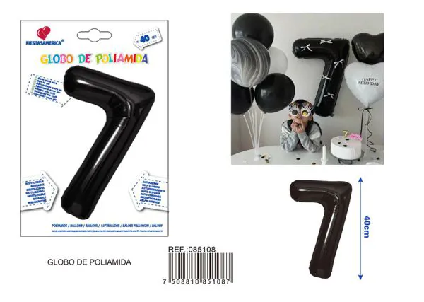 Globo metálico número 7 de 16 pulgadas, color negro, estilo americano