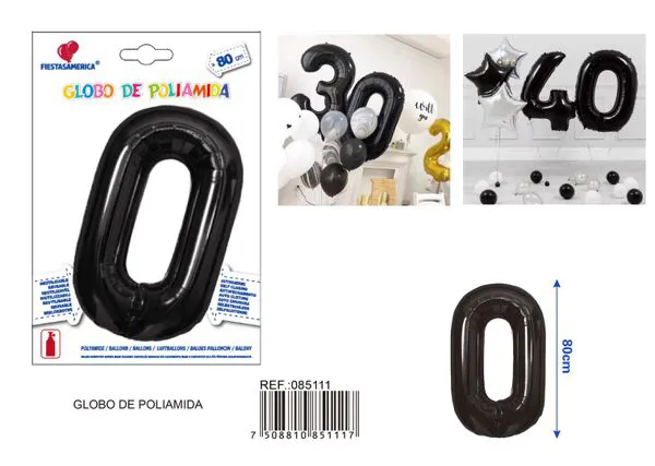 Globo metálico número 0 de 32 pulgadas, color negro, estilo americano