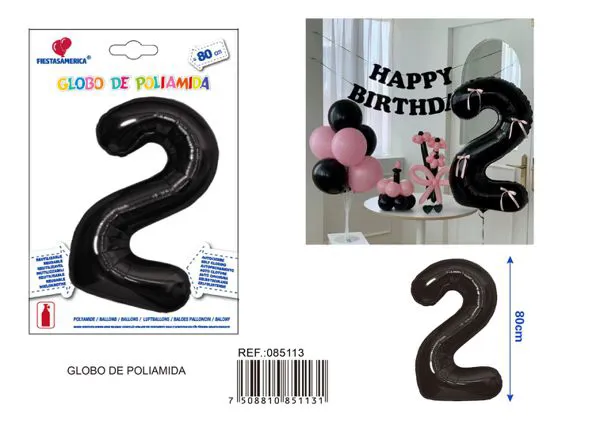 Globo metálico número 2 de 32 pulgadas, color negro, estilo americano