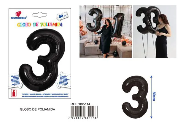 Globo metálico número 3 de 32 pulgadas, color negro, estilo americano