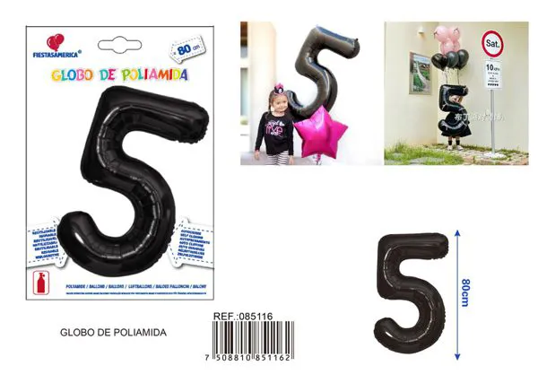 Globo metálico número 5 de 32 pulgadas, color negro, estilo americano