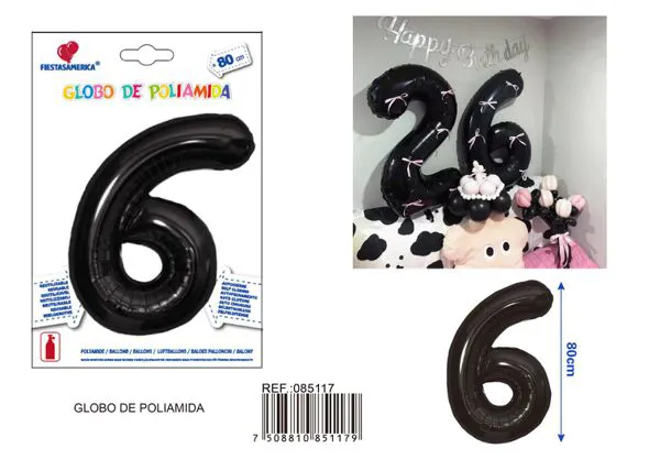 Globo metálico número 6 de 32 pulgadas, color negro, estilo americano