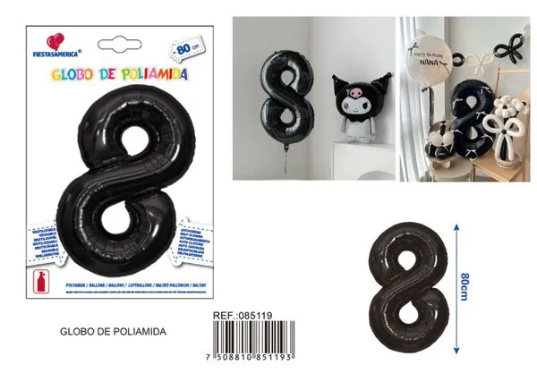 Globo metálico número 8 de 32 pulgadas, color negro, estilo americano