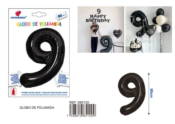 Globo metálico número 9 de 32 pulgadas, color negro, estilo americano
