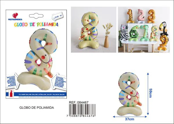 Globo metálico número 8 de pie, diseño de caricatura