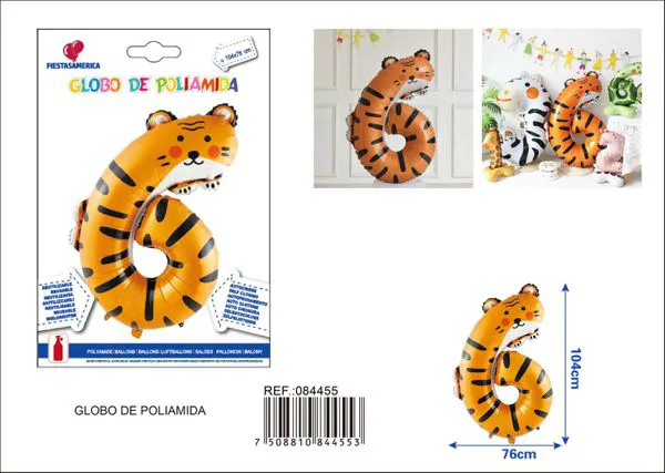 Globo metálico número 6 de 40 pulgadas, diseño de animales