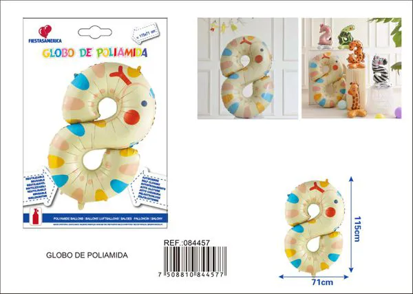 Globo metálico número 8 de 40 pulgadas, diseño de animales