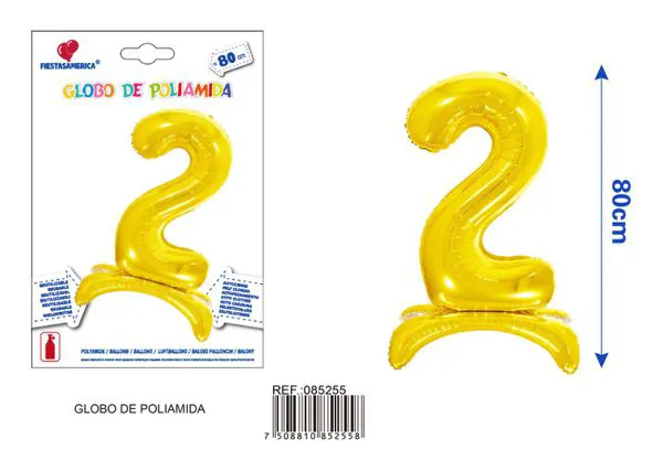Globo metálico número 2 de 32 pulgadas, de pie, color dorado