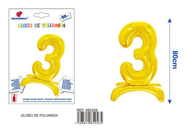 Globo metálico número 3 de 32 pulgadas, de pie, color dorado