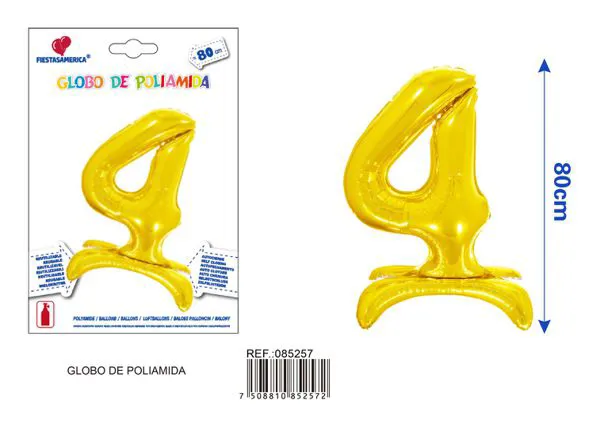 Globo metálico número 4 de 32 pulgadas, de pie, color dorado