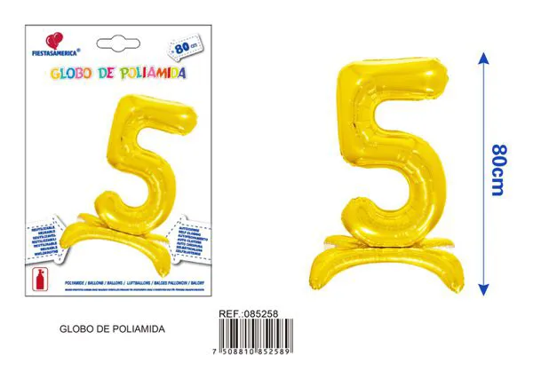 Globo metálico número 5 de 32 pulgadas, de pie, color dorado