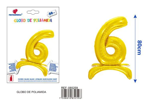 Globo metálico número 6 de 32 pulgadas, de pie, color dorado