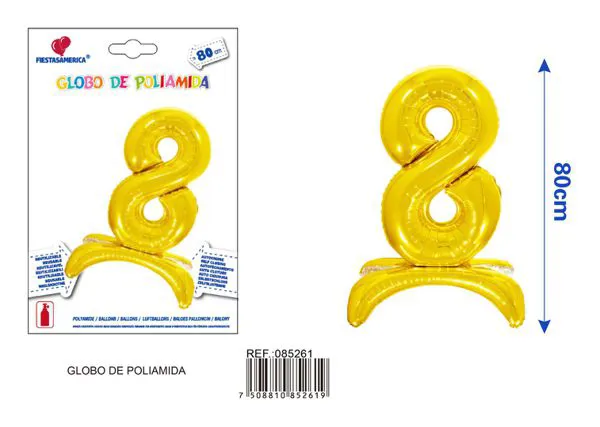 Globo metálico número 8 de 32 pulgadas, de pie, color dorado