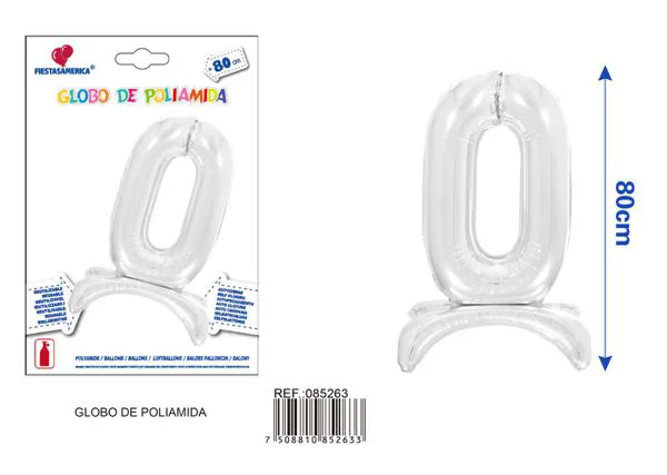 Globo metálico número 0 de 32 pulgadas, de pie, color plateado