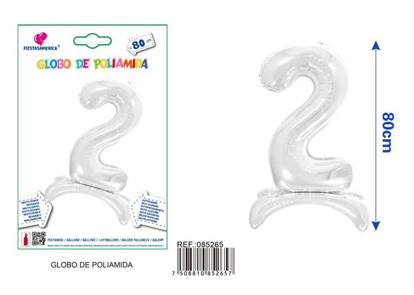 Globo metálico número 2 de 32 pulgadas, de pie, color plateado