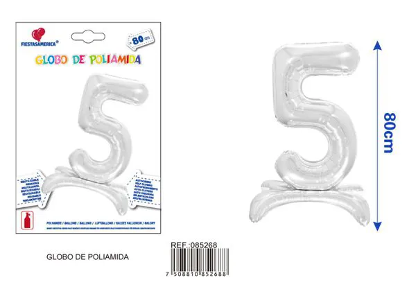 Globo metálico número 5 de 32 pulgadas, de pie, color plateado