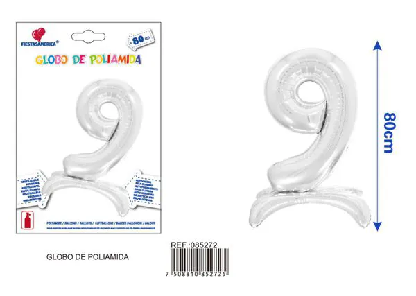 Globo metálico número 9 de 32 pulgadas, de pie, color plateado